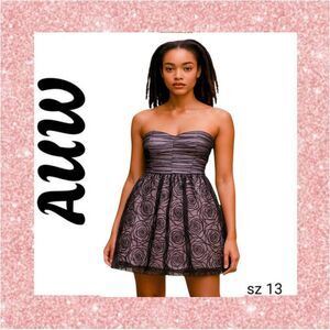 Pink Mini Cocktail Dress Strapless Sheer Black Tulle Rosettes Over Pink Satin